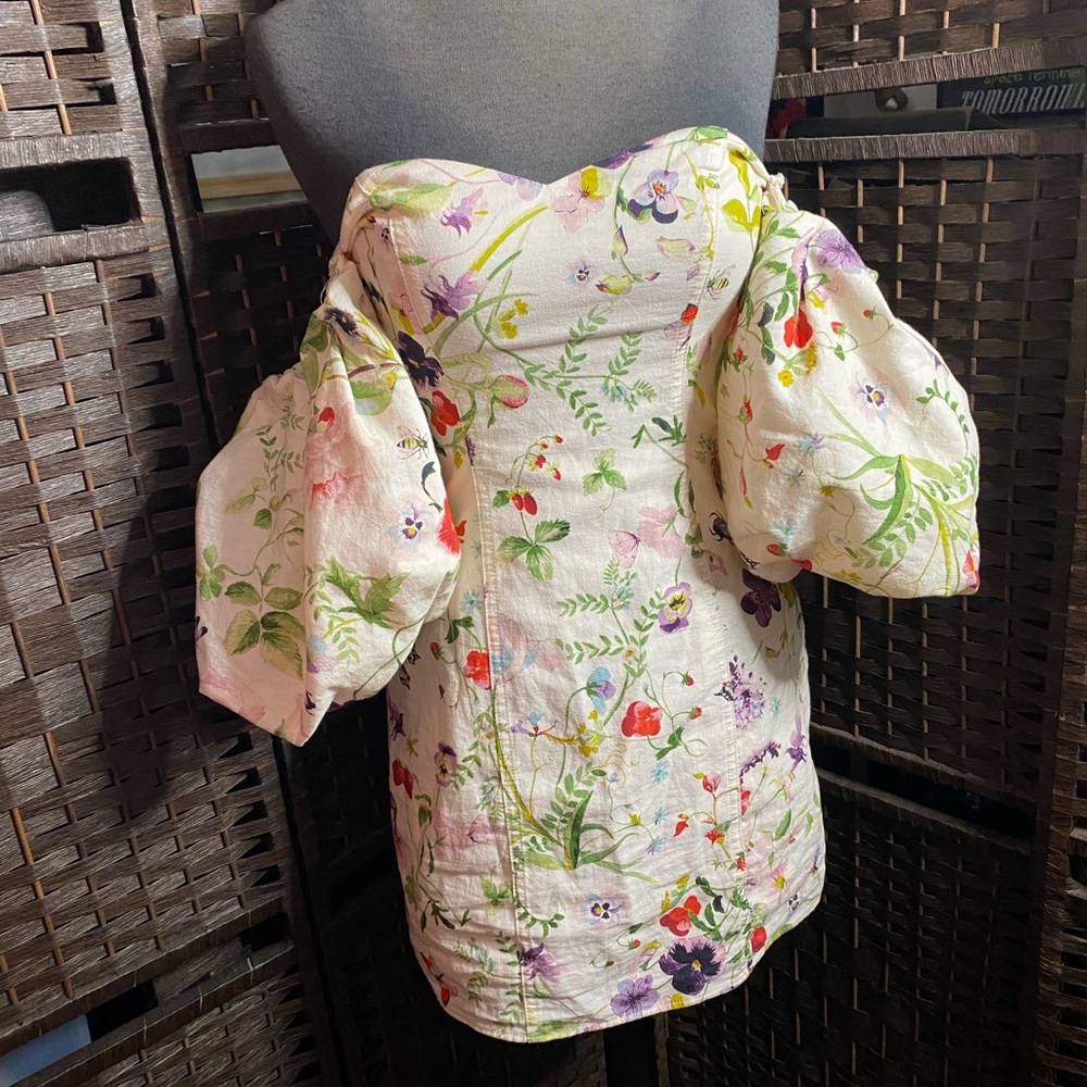 H&M Floral One-Shoulder Mini Dress in Cream with Multicolor Print